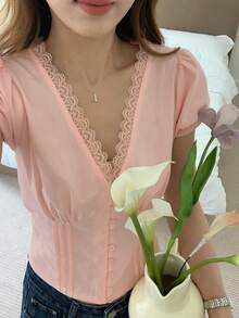 DAZY Women's Solid Color Pleated Lace Trim V-Neck Short Sleeve Elegant Summer Blouse School Vacation - Pink - View 5