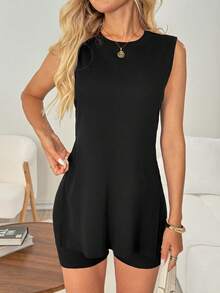 SHEIN LUNE 休閒女款純棉開衩下擺兩件式運動服套裝 - 黑色 - 查看 7