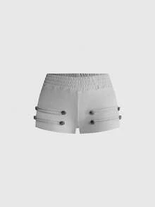 ROMWE Grunge Punk Summer Y2K Hot Girl Napoleon Sexy Hollow Design Ultra Cropped Top & Ultra Low Waist Mini Shorts 2 Pieces Set - Grey - View 5