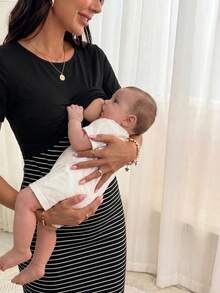 SHEIN 孕婦條紋印花哺乳連衣裙 - 黑色 - 查看 5