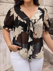 SHEIN Clasi Plus Size Vacation Fashion Floral Print Sheer Ruffle Tie Front Blouse - Multicolor - View 3