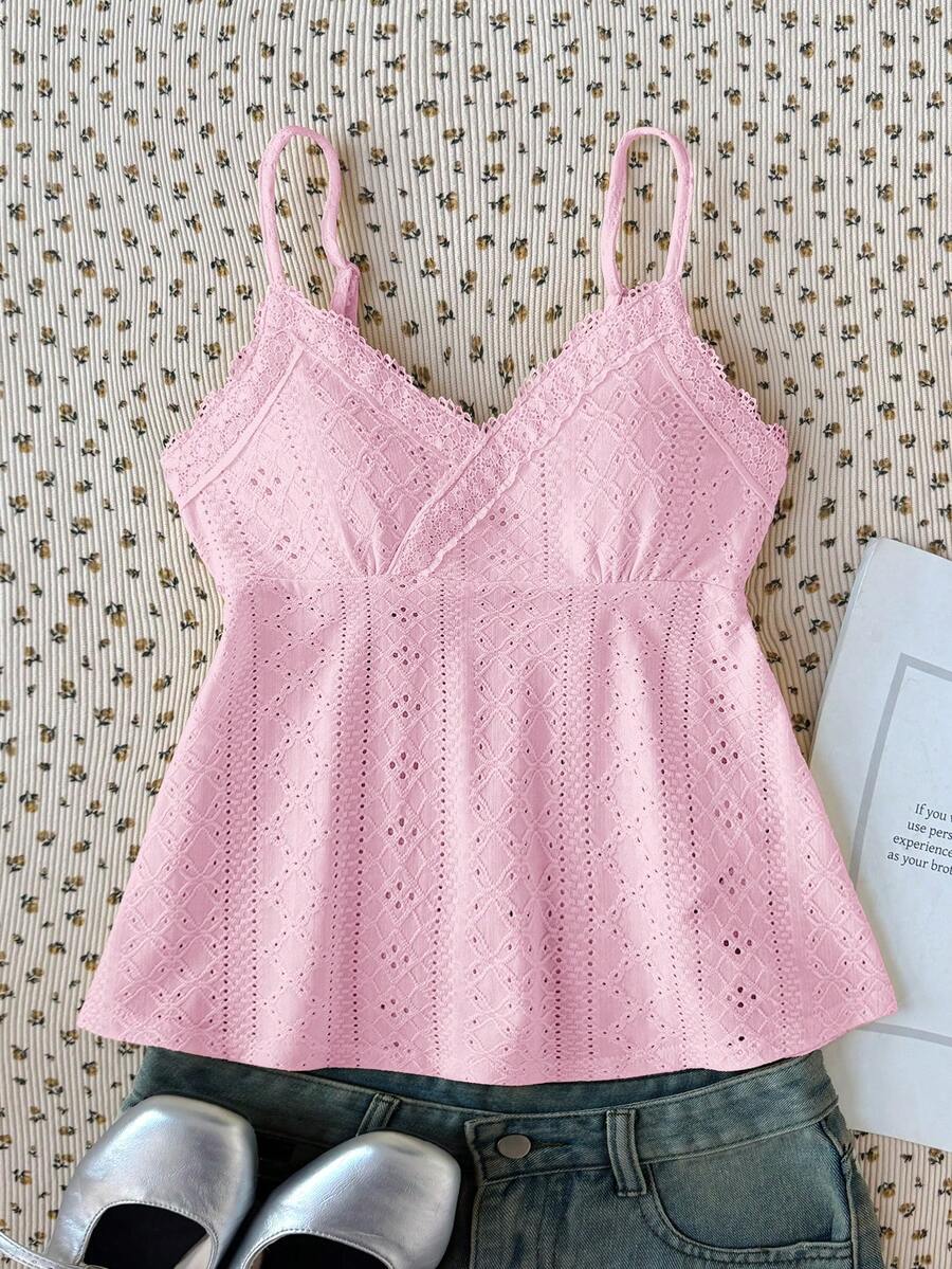 SHEIN 少女蕾絲細肩帶背心上衣,優雅純色蕾絲飾邊,適合夏季、度假、休閒、居家穿著,粉色娃娃風上衣,適合青少年少女,細肩帶嬰兒粉上衣 - 粉色 - 查看 1