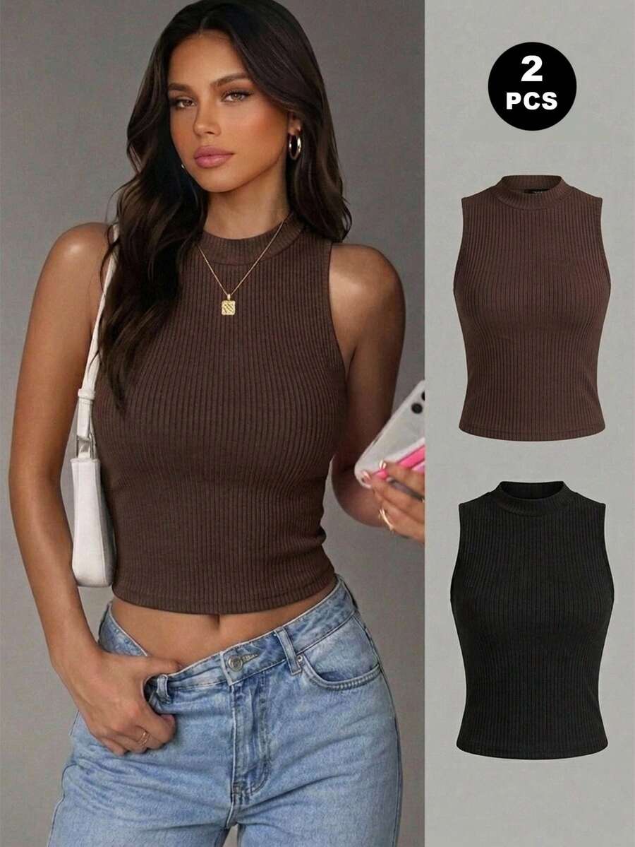 Paquete de camisetas de tirantes de algodón con tejido de canalé para mujer, cuello redondo, ajuste ceñido, estilo básico casual. - Marrón - Ver 1
