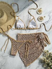 Swim Vcay 3件套春夏海灘度假亮片紋理面料珍珠裝飾掛脖三角比基尼上衣側綁比基尼褲與亮片裙性感女款泳裝 - 金色 - 查看 2