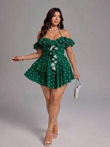 Viva Relle Plus Size Women Polka Dot Print Ruffle Off-Shoulder Halter Neck Fashion Dress - Green - View 6