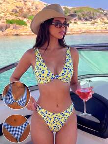 Swim Mod Women's Sexy Summer Vacation Beach Floral Colorful Plaid Reversible Low Cut Twist Front Swimwear Set - Multicolor - View 1