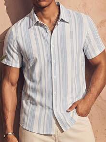 Ocevento Men's Blue Pinstripe Camp Collar Shirt, Short Sleeves. Relaxed Fit, Breathable Linen Blend. Deep V-Neck For Laid-Back Vibes. Your Go-To For Bea - Multicolor - View 3