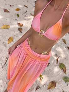 Sirith Springbreak 3件組新款漸層印花純色三角掛脖性感優雅度假比基尼套裝，附不對稱金屬環與長款網紗沙灘罩衫泳衣，女款 - 彩色 - 查看 8