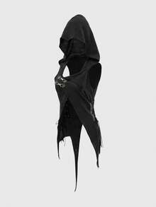 ROMWE Goth Forbidden Art 女款連帽上衣 金屬扣飾 繫帶抽繩設計 不對稱下擺 破舊風 性感 - 黑色 - 查看 12