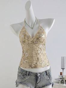 Glamine Women's Apricot Sequin Embroidered Spaghetti Strap Backless Tank Top, Fashionable Sexy Vacation Top, Sequin Embroidered Top - Apricot - View 3