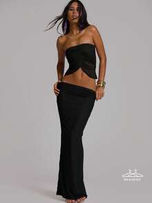 MUSERA Conjunto de Top Bandeau Fruncido de Malla con Falda Maxi de Cintura Baja, Estilo Sexy Casual Elegante para Verano, Vacaciones, Playa, Club, Festival e Ibiza, Color Obsidiana - Negro - Ver 1