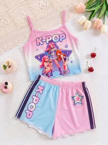 SHEIN 年轻女孩时尚酷炫多彩的K-Pop女团字母星形印花服装，彩色卡通人物两件套奶油粉色韩流粉丝礼物音乐时尚女孩 - 粉色 - 查看 7
