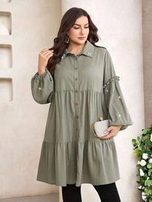 Veilorie Plus Size Women's Spring/Autumn Ruffle Pearl Decor Pleated Single-Breasted Blouse Fall - Olive Green - View 7