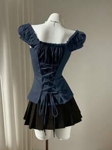 Elamini Women's Minimalist Elegant Sweet Fresh Ruffled Off Shoulder Petal Sleeve Blouse, Spring/Summer Tea Party Navy Blue - Navy Blue - View 2