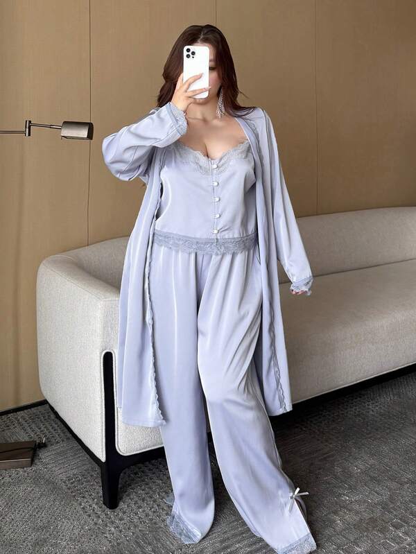 Dazy Plus 3pcs Set Charming Lace Patchwork Satin Robe, Camisole & Long Pants Plus Size Women Spring Summer Autumn Blue Pajama Set