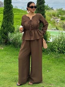 Dazy Plus Brown Lace-Up Waist Top And Wide Leg Pants Casual Long Sleeve Two Pieces Set For Spring, Summer And Early Autumn - Brown - View 6