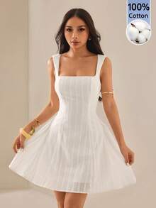 SHEIN PETITE 女款 100% 純棉無袖白色夏季中長洋裝，極簡休閒日常穿著 - 白色 - 查看 4