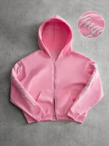 PAVTROS Men's Solid Color Letter Print Zip-Up Hoodie Sweatshirt - Pink - View 6