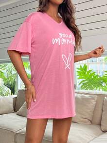 Heart & Slogan Graphic Drop Shoulder Pajama Nightdress - Pink - View 5