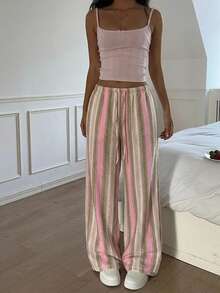 SHEIN EZwear 休閒極簡度假風粉色編織不對稱條紋女款長褲，適合春夏海灘穿著，25%棉 - 彩色 - 查看 7