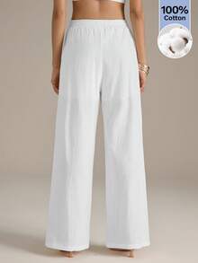 SHEIN Tall Women's Minimalist White Drawstring Waist Pocket Loose Woven Trousers - White - View 2