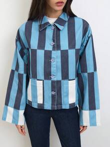 Nöista Women's Striped Cropped Jacket In Warm Pink And Rust Tones With Contrast Patch Pockets And Relaxed Fit. Lightweight Cotton Fabric With Button-Front Closure And Modern Boxy Silhouette-Perfect For Spring Layering, Casual Chic Outfits, Everyday Wear, Summer Styling, And Transitional Seasons. - Blue - View 2