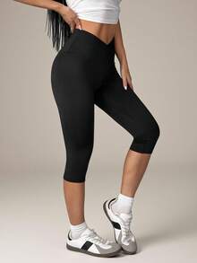 SHEIN PETITE Women's Solid Color V-Waist Elastic Skinny Pants - Black - View 5