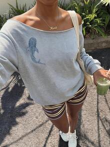 SHEIN CURVE+ Sweatshirt Wanita Ukuran Besar Kasual Minimalis dengan Motif Cetak Bahu Asimetris, Nyaman dan Hangat, Cocok untuk Musim Gugur/Dingin - Grey - View 5