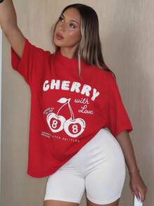 SHEIN SXY Two-Piece Set White High-Elasticity Knit Crew Neck Oversize Cowboy Casual T-Shirt Cherry Print High-Waist Leggings Holiday Summer Gym - Red and White - View 6