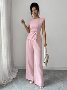 SHEIN Elenzya Women's Spring/Summer Elegant Casual Daily 2-Piece Set, Waist-Cinching Side-Gathered Top, Textured Soft Pink Wide-Leg Pants, Brunch Office - Pink - View 7