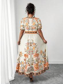 SHEIN Clasi Plus Size Women's Hot-Selling Fashionable Versatile Thai Maldives Travel Beach Vacation Bohemian Print Cinched Waist V-Neck Flutter Sleeve Flared Long Dress Spring Summer - Apricot - View 2