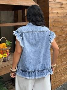 SHEIN Holidaya Plus Size Summer Casual Washed Front Button Frayed Denim Jacket - Blue - View 2
