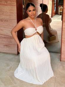 Maria Perezxox Vacation Casual Solid Color Backless Halter Neck Dress Party Elegant Summer - Apricot - View 4