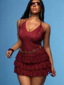 Orbivine Vestido mini de mujer talla grande con encaje, patchwork, volantes, espalda descubierta y cuello halter - Burdeos - Ver 5