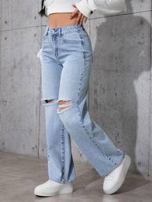 SHEIN PETITE Quần Jeans Ống Thẳng Thường Ngày - màu đen - Xem 6