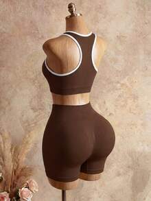 Dewbera Women Ribbed Trim Crop Tank Top And Shorts Set Brown Sports Bra Workout Two Pieces Athletic Yoga Setworkout - Coffee Brown - View 3