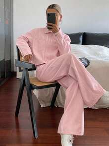 DAZY 女款棉質領口長袖鈕扣式粉色純色短版牛仔外套與寬腿長褲牛仔套裝 - 粉色 - 查看 4