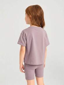 SHEIN 女童小女孩寬鬆舒適針織短袖T恤與短褲休閒兩件套 - 淺灰紫 - 查看 2