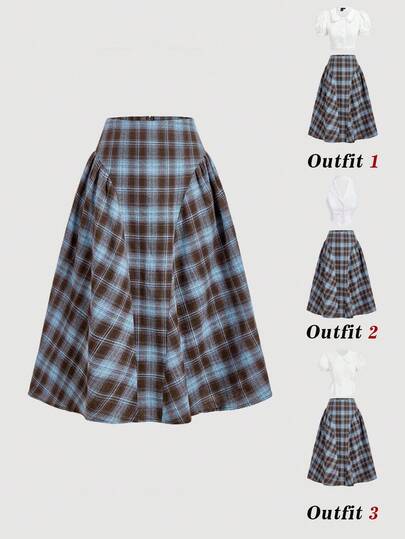 SHEIN MOD Women's Plaid Pleated Casual Preppy Work School Skirt Back-To-School Blue Plaid Autumn