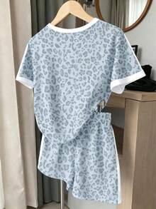 Cute Retro Fashion Leopard Print Color Block Striped Tween Girl Casual Comfortable Crew Neck Short Sleeve T-Shirt Shorts 2-Piece Set, Spring/Summer - Multicolor - View 2