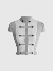 ROMWE Grunge Punk Summer Y2K Hot Girl Napoleon Sexy Hollow Design Ultra Cropped Top & Ultra Low Waist Mini Shorts 2 Pieces Set - Grey - View 8