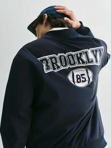 Sonviro Jaket Bomber Kasual Lengan Panjang Pria dengan Cetakan Huruf, Musim Gugur, Untuk Musim Gugur - Navy Blue - View 2