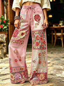 Selamara 波希米亞風花卉仿刺繡拼接粉色寬腿長褲，森林田園風夏季度假休閒長褲 - 彩色 - 查看 3