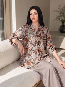 Auveirra 2 Pieces Set Plus Size Women's Floral Print Long Sleeve Shirt & Linen Beige Pants,Boho Casual Country Style For Summer,Vacation,Fall Outfits Elegant - Multicolor - View 5