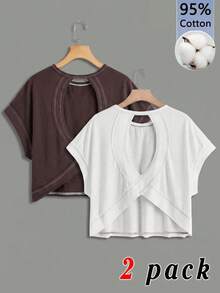 SHEIN Girlism Tween女孩春夏兩件式休閒時尚背後交叉露背對比線條設計圓領露肩短袖寬鬆版型T恤，返校季，親子套裝 - 彩色 - 查看 1