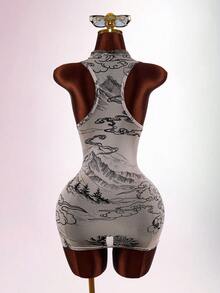 Amplova Women's Printed Sheer Fitted Bodycon Mini Dress - Black - View 8
