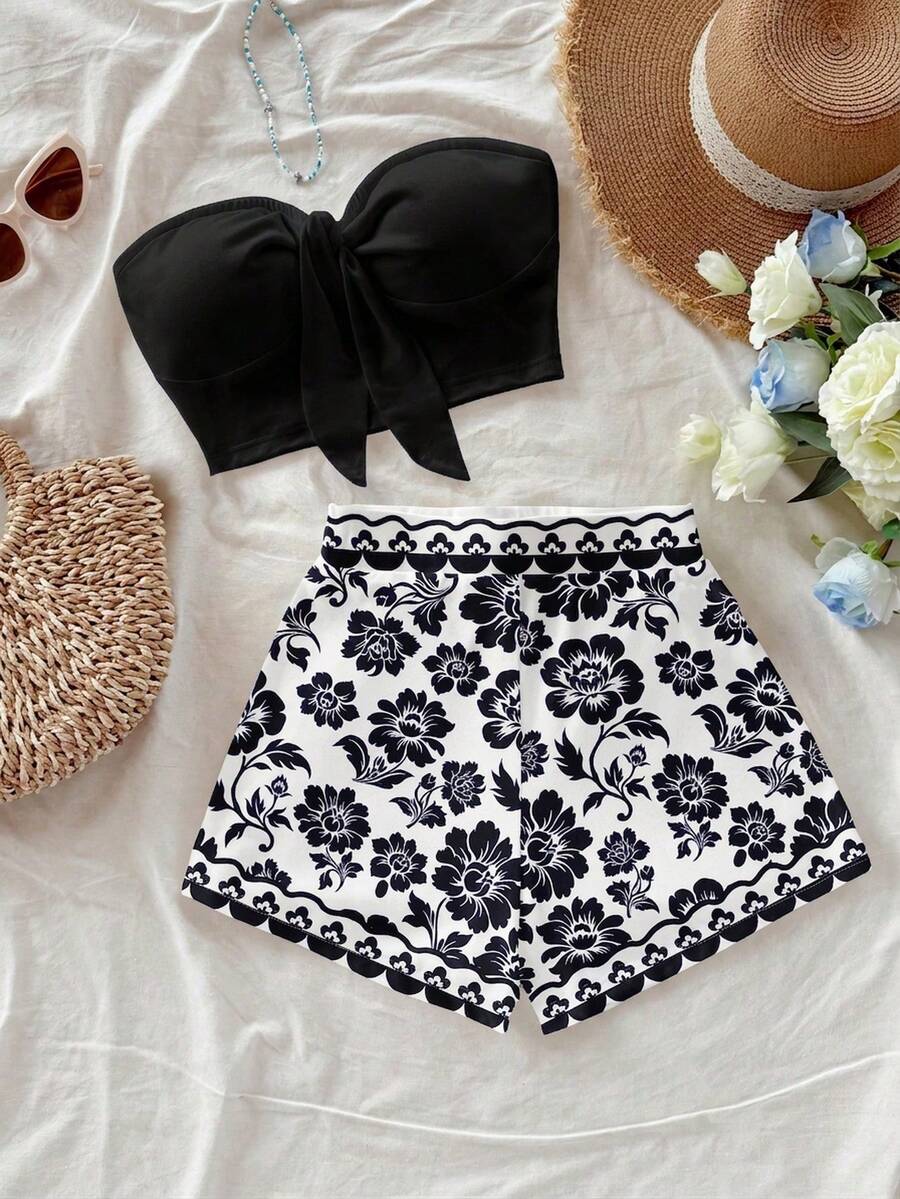 Soleia Setelan Liburan Wanita 2 Potong Atasan Bandeau dengan Simpul Depan dan Celana Pendek Motif Bunga - Hitam - View 1