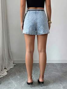 SHEIN Clasi Women's Fashion Versatile Colorblock Tie-Up Asymmetrical Hem Denim Shorts Going Out Vacation Light Blue Summer Casual Streetwear - Blue - View 2