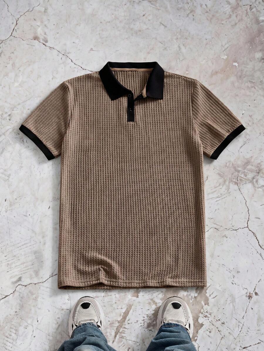 ESTAVOR Men's Casual Loose Fit Solid Color Polo Shirt, Brown, Standard Size, Summer - Brown - View 1