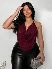 Firerie Plus Size Women's Solid Color Shiny Draped Neck Tank Top Party Burgundy Summer Sexy - Burgundy - View 9